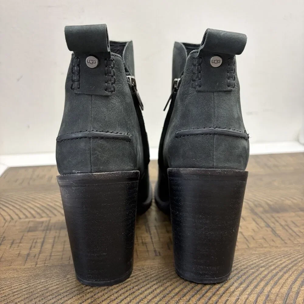 UGG Women Pixley Boot Size 8.5 Gray Nubuck Leather Block Heels Y2K Academia Boho